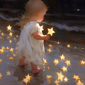 海边捡星星的唯美梦幻小孩头像